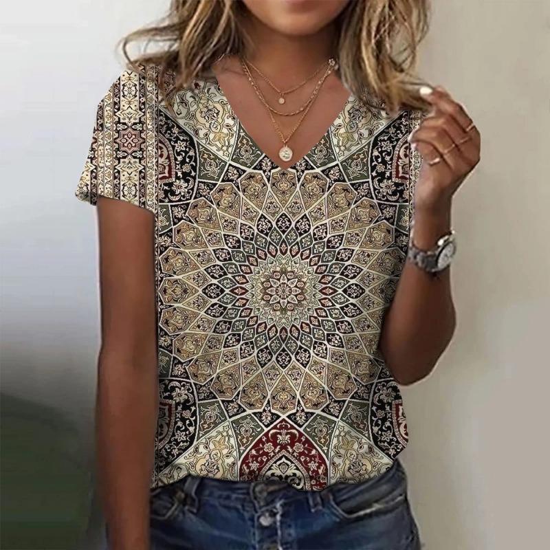 2024 Summer Breathable Comfortable Vintage 3D Floral Print V Neck Shirt Daily Home Short Sleeve T-Shirt Plus Size Women's Tops