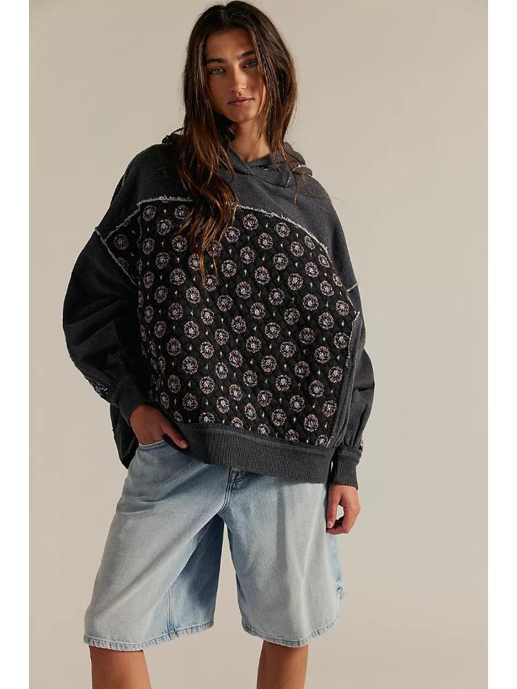 

Gray Hooded Sweatshirt with Yellow Contrast and Floral Applique XL чорний