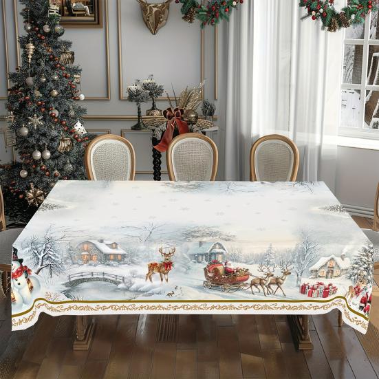 Christmas Tablecloth Winter Snowman Xmas Tree Wreath Design Rectangle Tablecloths Washable Fabric Table Cover