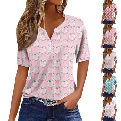 Dámské ležérní tričko s květinovým potiskem, výstřih do V, krátký rukáv, ozdobný knoflík