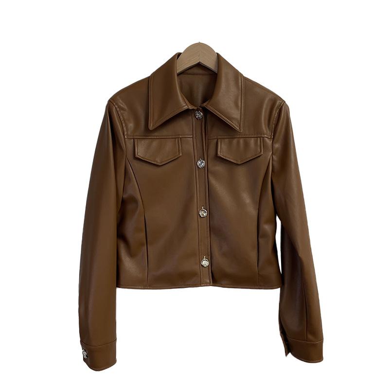 Весенне-осенняя ретро-кожаная куртка женская с лацканами однобортная приталенная короткая куртка-топ S