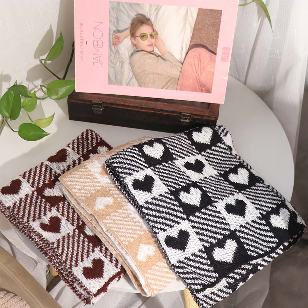 Korean Style Plaid Heart Scarf Thickened Winter Cashmere Shawl Elegant Y2K Checkered Scarf  Unisex