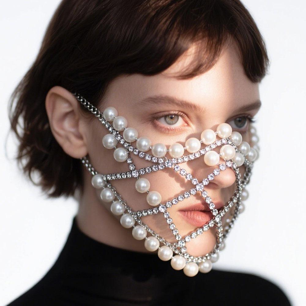 Makeup Party Mesh Pearl Mask, European and American Fashion Exaggerated Nightclub Party Rhinestone Mask