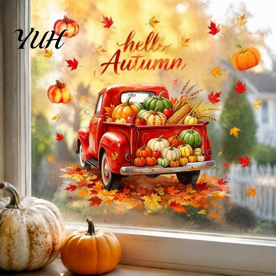 Fall Festival Background Autumn Harvest Window Clings, Decorative Static Glass Sticker for Thanksgiving Home Shop Removable Stickers Decor, PVC Maple