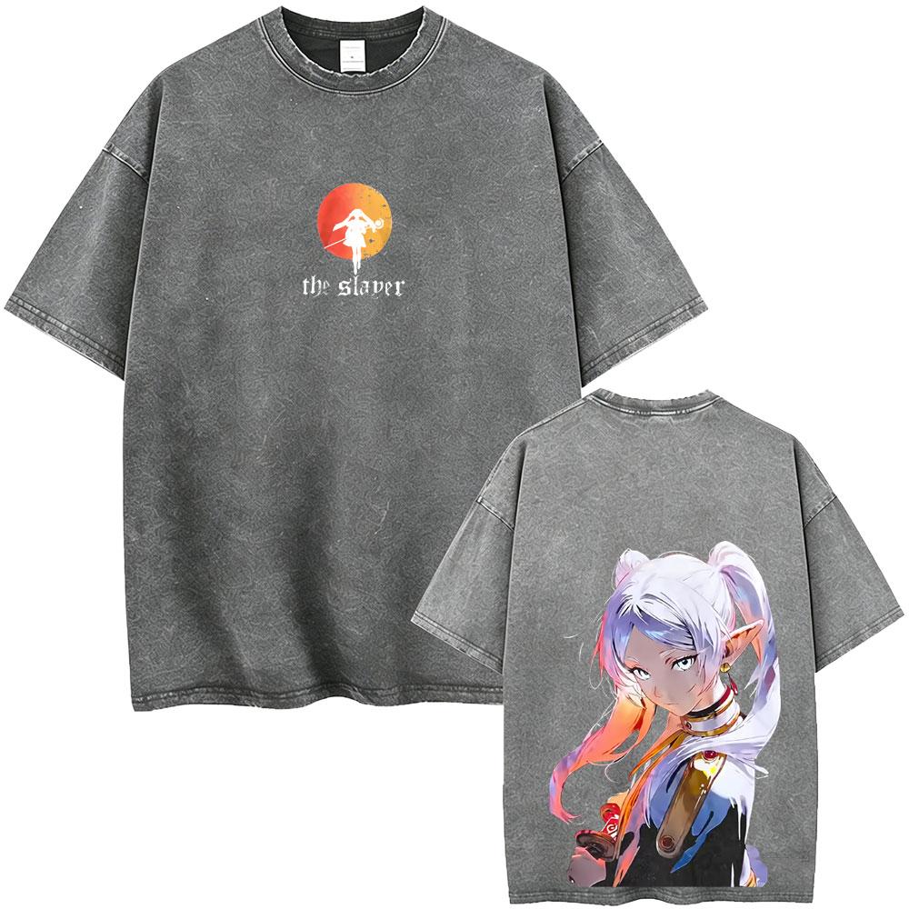 Anime Frieren Beyond Journeys End Frieren Washed Vintage Tshirt Men Women Fashion Manga Tshirts High Quality Cotton T Shirts