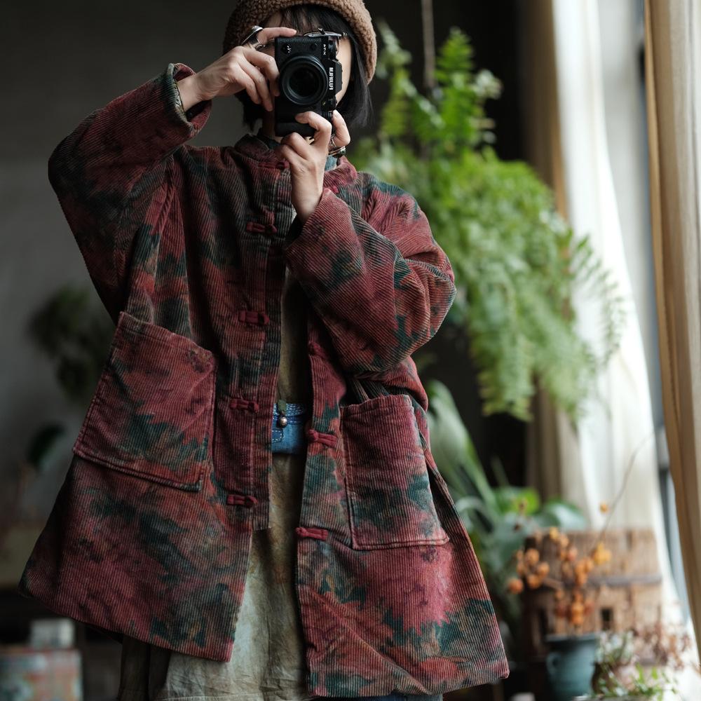 Johnature Women Vintage Corduroy Print Floral Button Patchwork Pockets Winter Coats Warm Coats