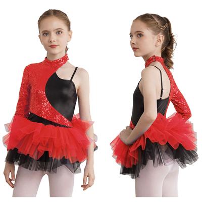 Girls Shiny Sequin Dance Dress Asymmetrical Sleeves Contrast Tulle Skirt Leotard Dress Performance Costume