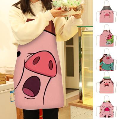 Cooking Apron Sleeveless Stain Repellent Flax Pink Piggy Printed Kitchen Long