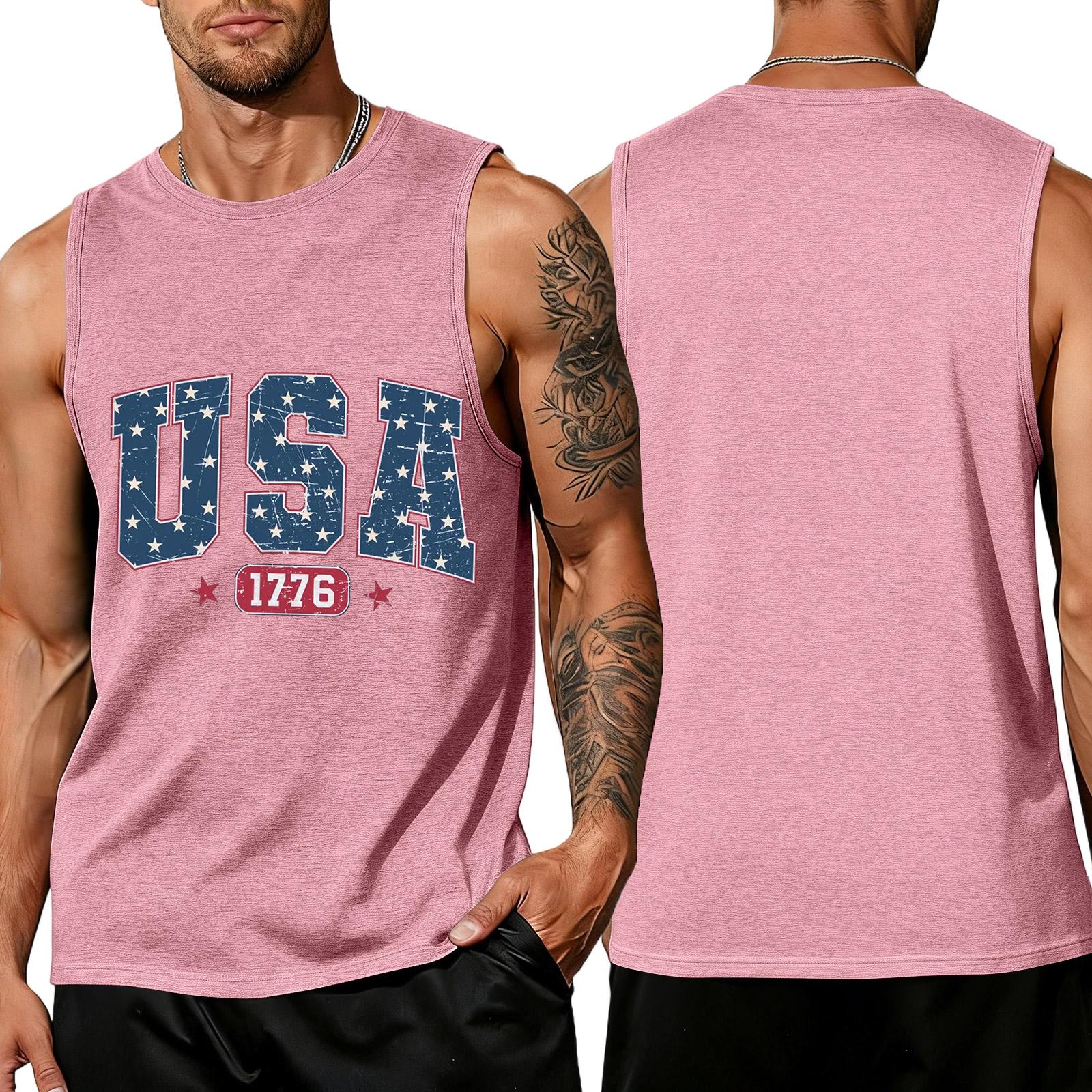 

Men s Sleeveless Tank Top Casual Loose Fit Summer Muscle Shirt USA Print 1776 Graphic Sleeveless Tee for Daily Wear XXXL розовый