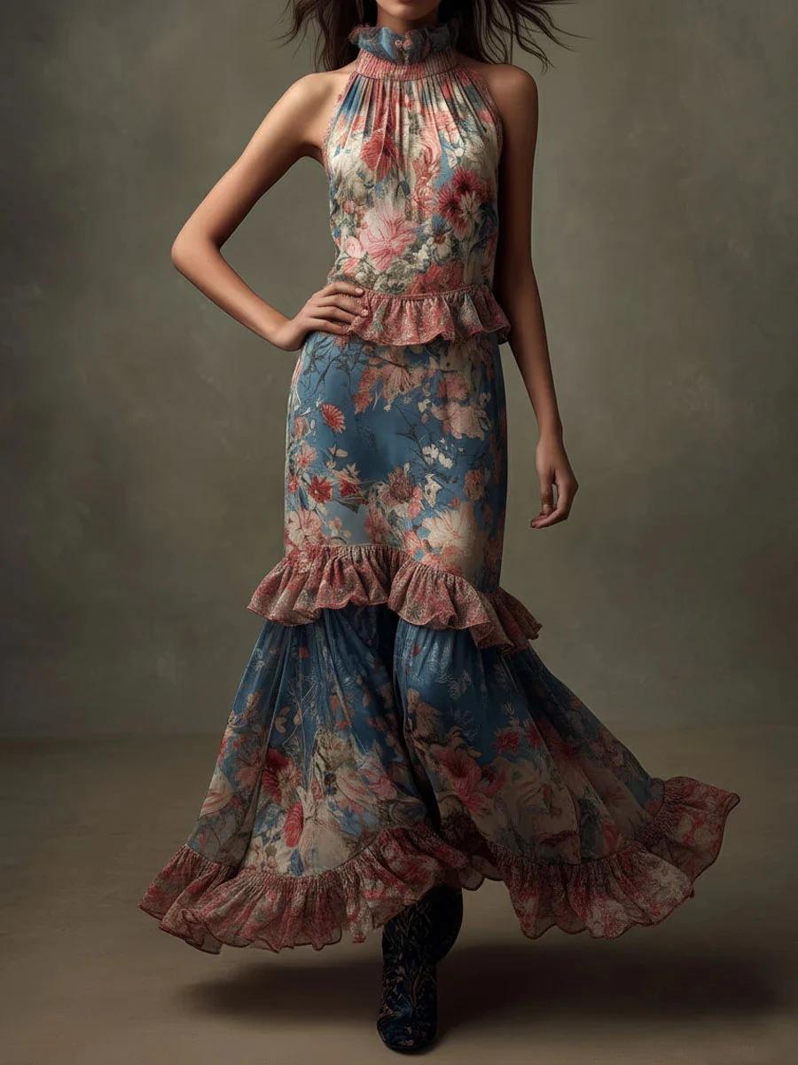 European and American style ins 2026 summer fashion women s clothing sexy cake long dress high waist retro print dress S