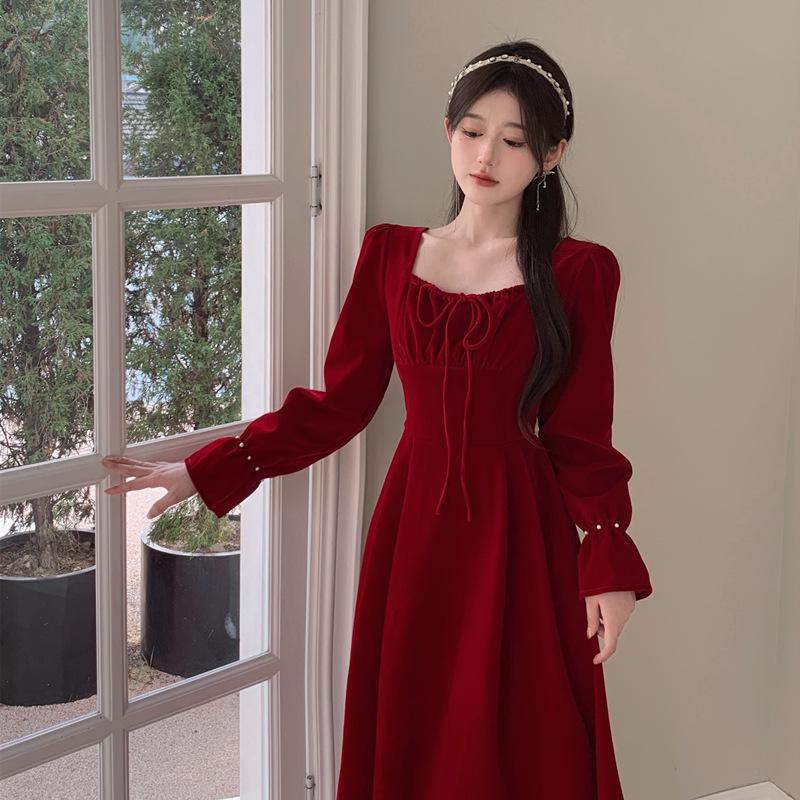 2025 Autumn/Winter Plus Size Red Long Sleeve Engagement & Formal Dress