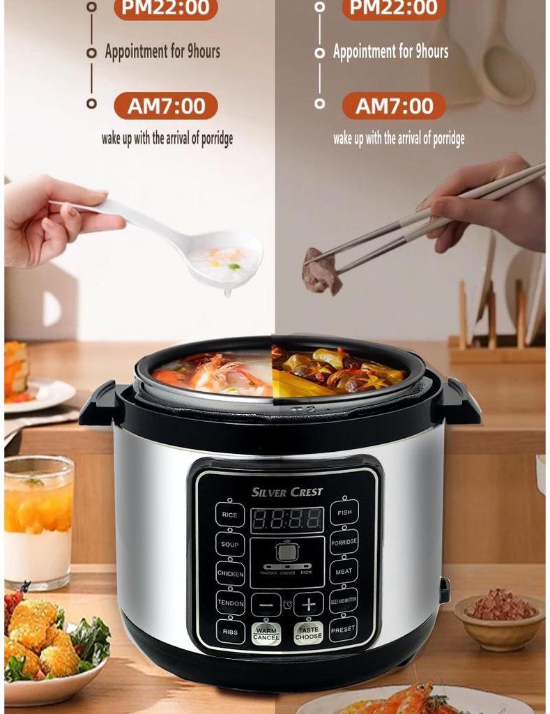 6L Explosion-Proof Pressure Cooker: Thickened, Large Capacity, Multifunctional with Preset Timing for Household Use
