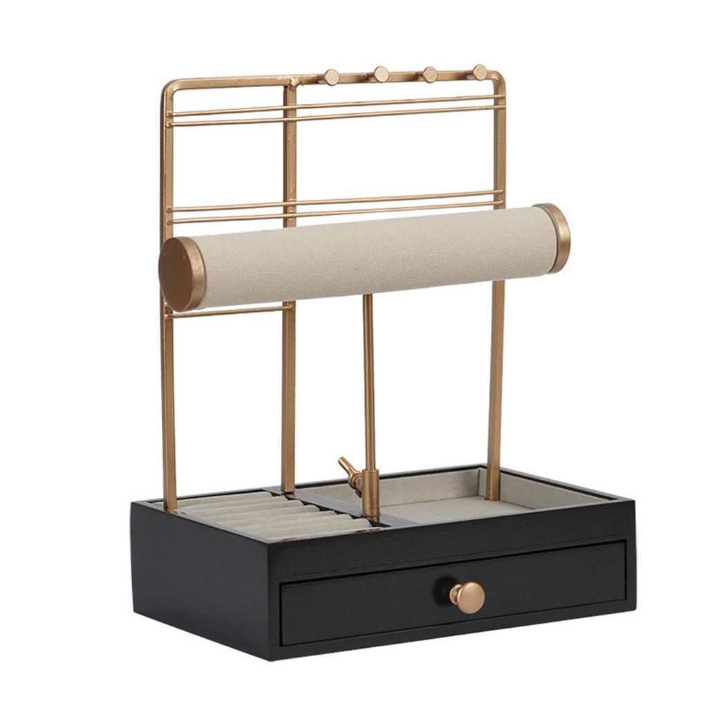 For T Bar Stand Hanging Holder Tiered Jewelry Display Rack Metal Jewelry Organizer with Wooden Tray & Drawer Tabletop Ra
