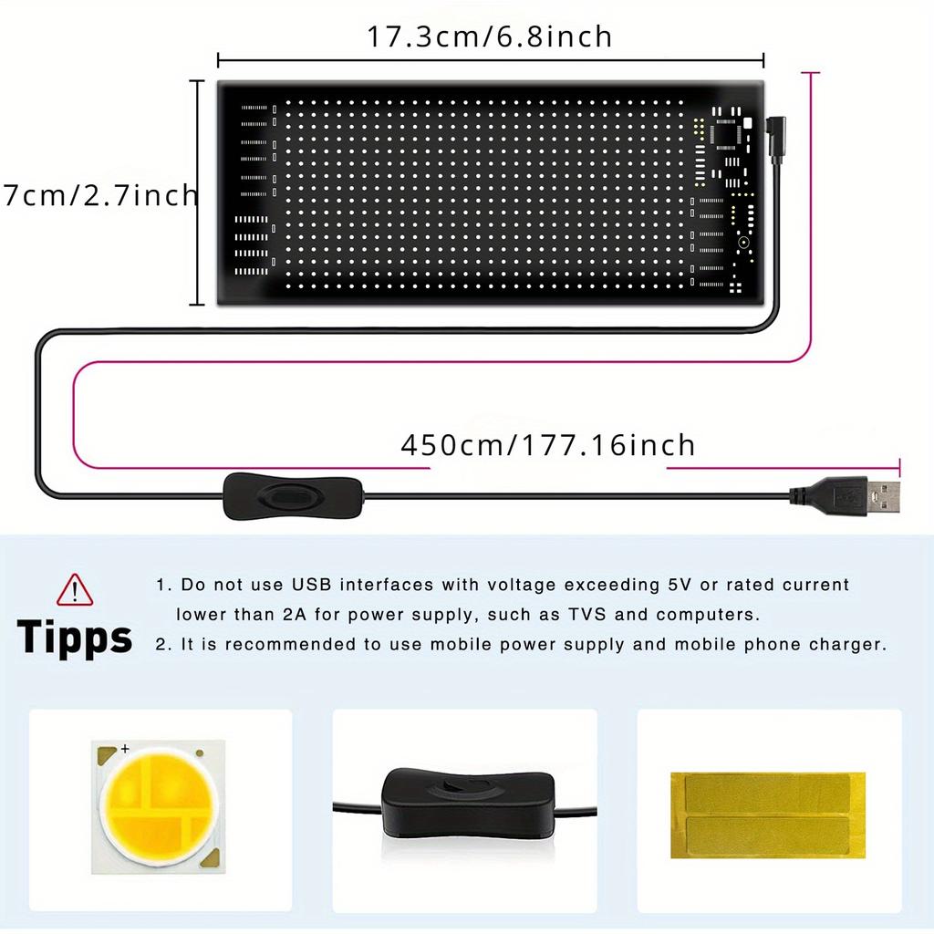 5V LED Matris Piksel Panel DIY RGB Aydınlatma Grafiti Kayan Metin Panosu, Ön ve Ön Cam Ekranı, Uzaktan Kumanda ve APP Kontrolü