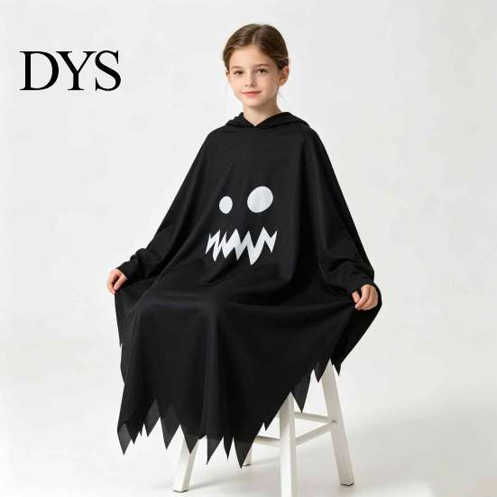 Indoor Outdoor Halloween Activity Wear Hooded Ghost Costume, White/Black Cape Costume for Kids Adults, Spooky Easy Loose Style Party Outfit with Wave