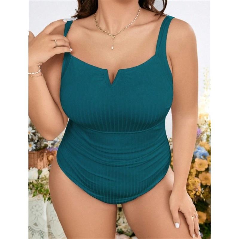 Women's Plus Size Ribbed One Piece Swimsuit, V Notch Tummy Control Triangle Bathing Suit