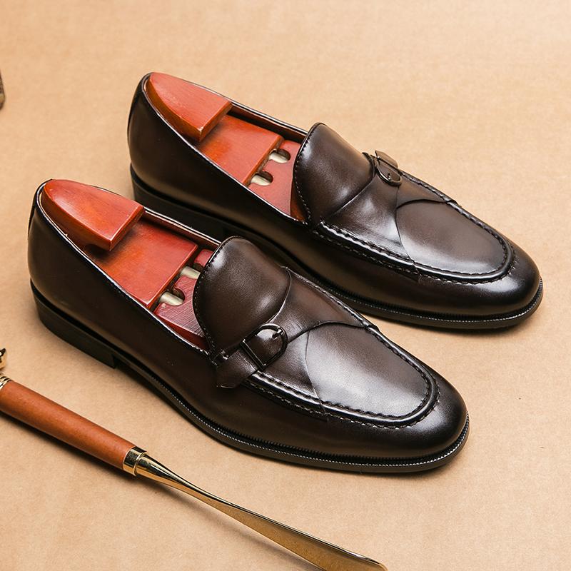 New Men Dress Shoes Loafers Brown Square Toe Slip-On Business Wedding Mens Shoes  Handmade