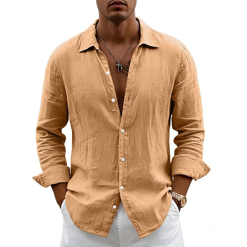 New Men's Solid Color Long Sleeve Shirt Linen Cotton Shirts Trend Plus-size Lapel Collar Casual Lightweight Beach Tops