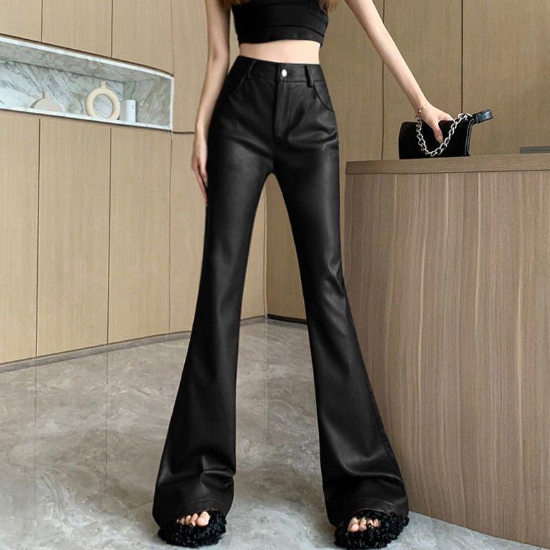 Women's Plus Size Retro High Waist PU Leather Flare Pants (Korean Style, 2026 Spring/Autumn)