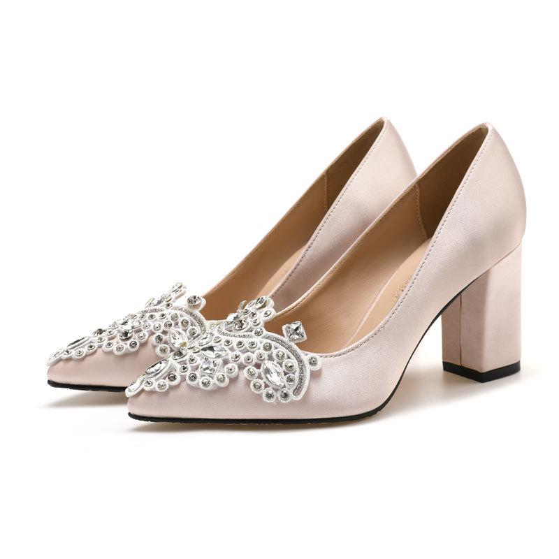 Sweet high heels rhinestone pointed heel satin satin cloth women's shallow mouth single shoes dress banquet bridesmaid wedding shoes