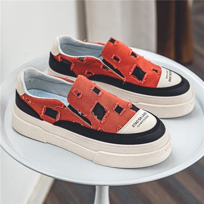 Trendy Patch Red Men's Slip-On Shoes Designer Flat Skateboard Loafers Men Casual Canvas Shoes Breathable Platform Footwear Male