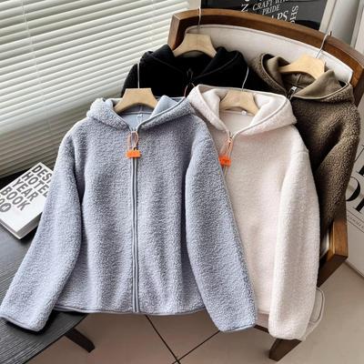 Veste polaire à capuche en fausse laine d'agneau pour femme, style automne/hiver, cardigan zippé décontracté (SY430644)