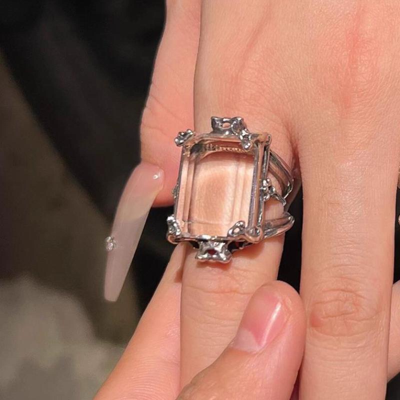 Fresh original transparent square white crystal rings for women luxurious and minimalist ring adjustable banquet  gift