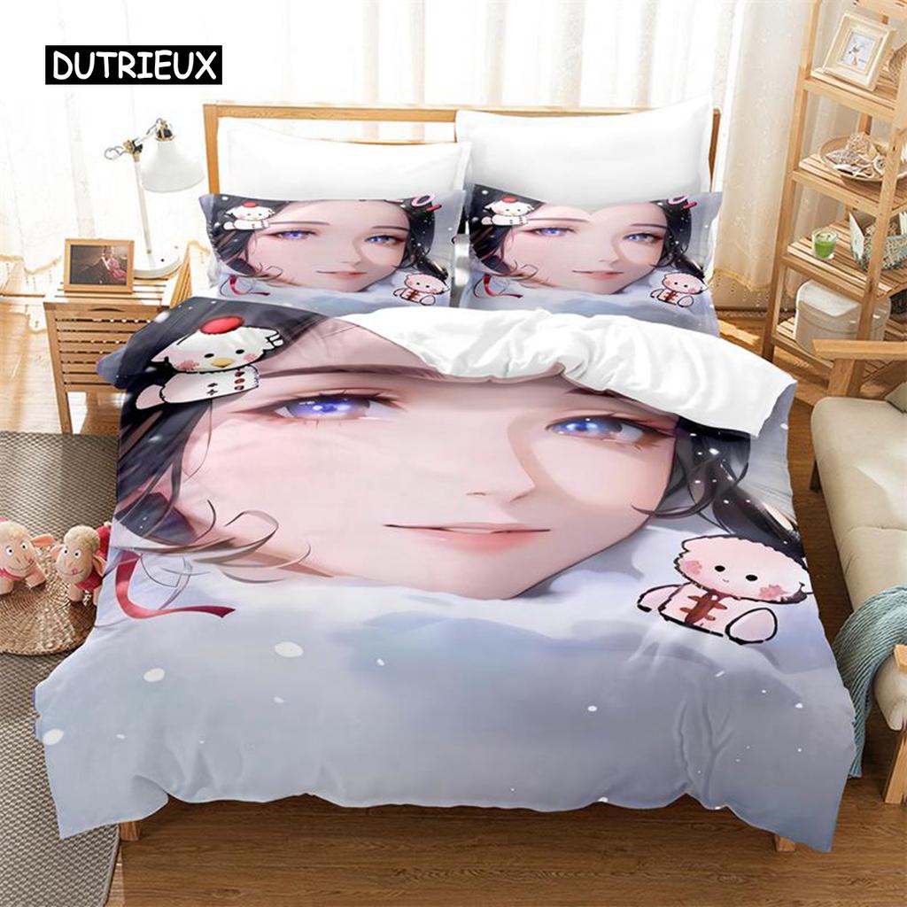 Zestaw pościeli Anime Girl Zestaw poszwy na kołdrę Pościel 3D Druk cyfrowy Pościel Rozmiar Queen Zestaw pościeli Projekt mody