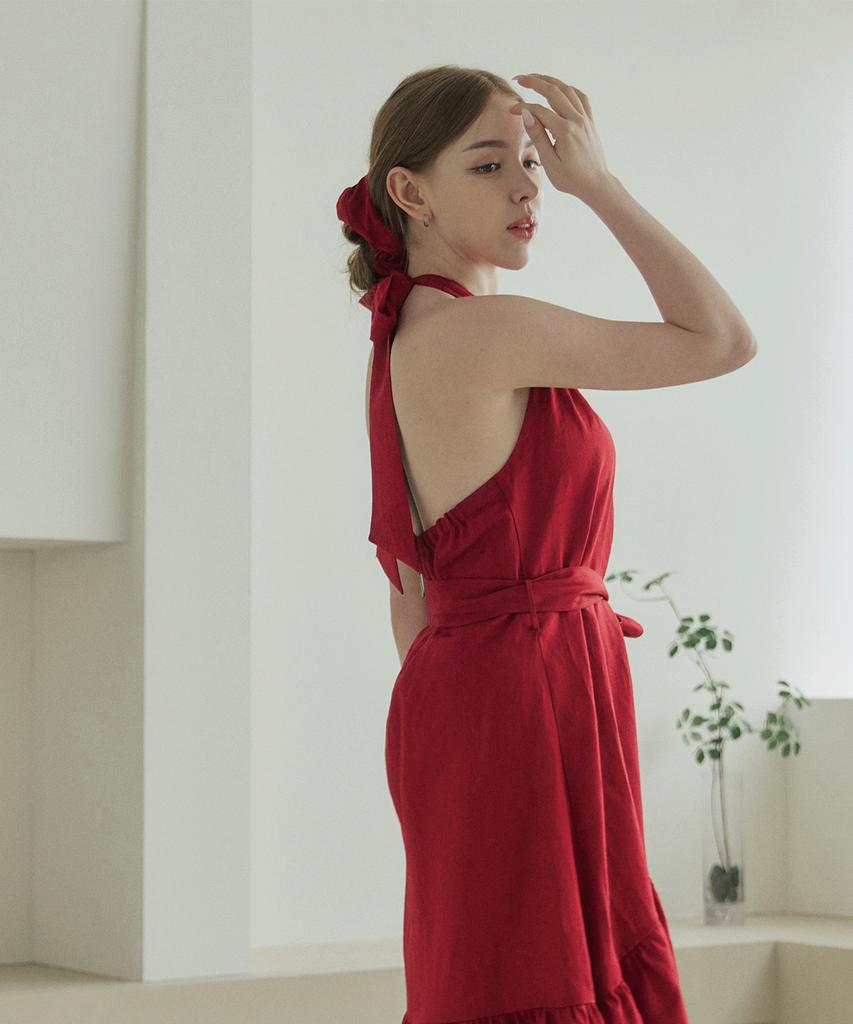 Belrma Red Linen Back-Open Ribbon Halterneck Dress
