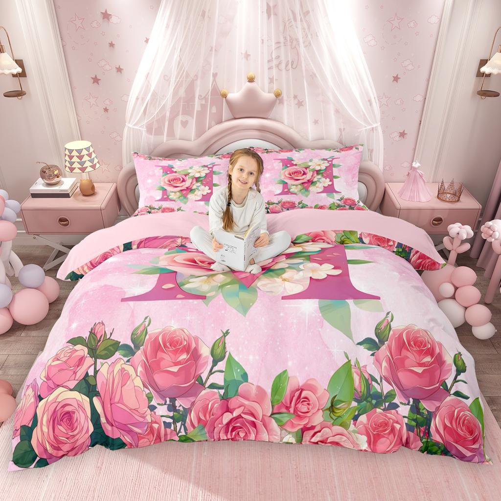 Homewish Girly Cute Pink Duvet Cover Set For Kids Girls Initial Letter A To T Bed Set Chic Floral Flower Quilt Cover Set