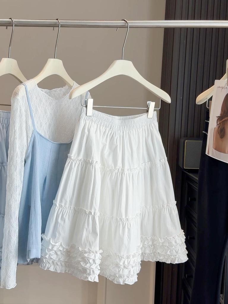 White Sweet Ruffled A-line Midi Skirt - Women's Summer High-Waisted Versatile Petite Style