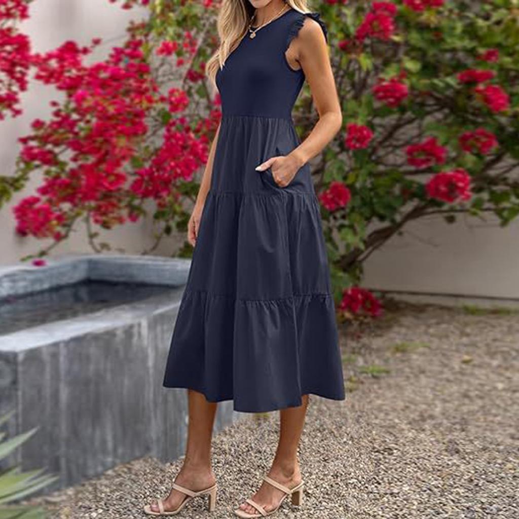 Women's Bohemian Round Neck Ruffle Sleeve Color Summer Casual Dresses