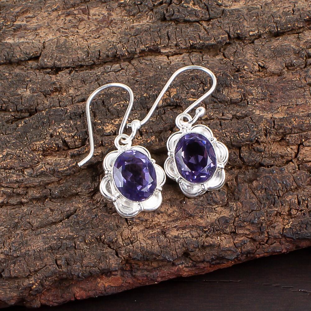 Natural Iolite Gemstone 925 Sterling Silver Jewelry Handmade Hook Earrings 1.30" EE-11-5