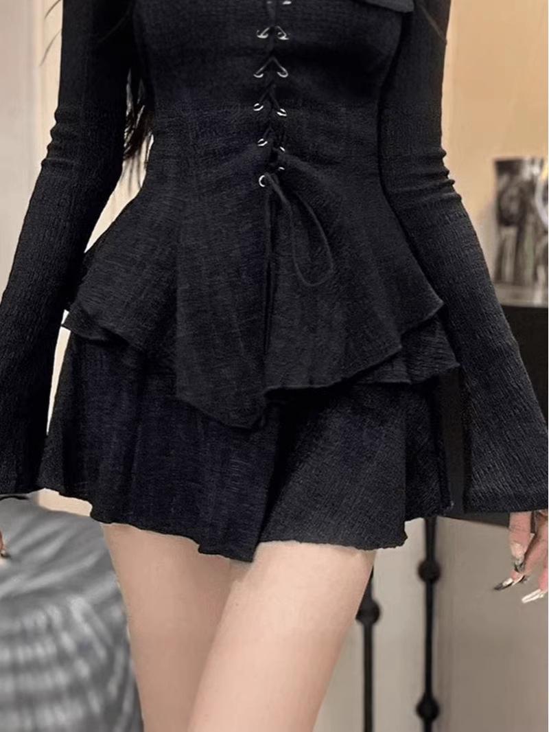 Женский весенний костюм-двойка: Французский ретро топ с V-образным вырезом и длинным рукавом и укороченная юбка, подчеркивающая талию XL