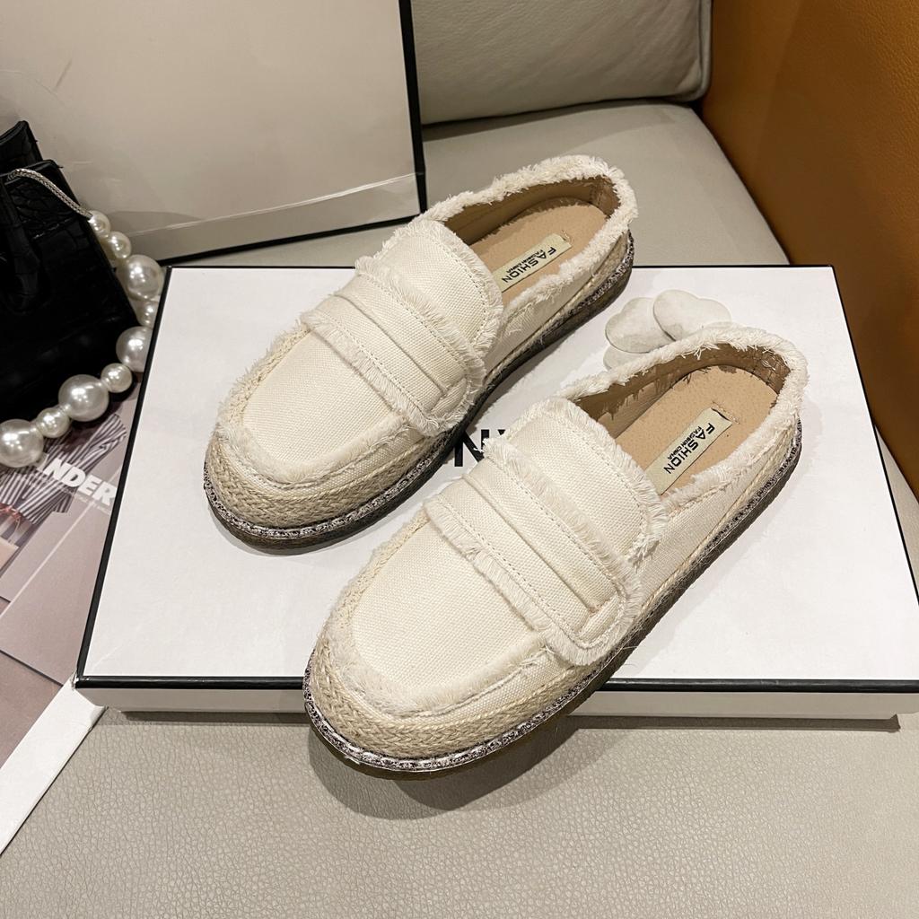 Canvas Half Slippers Women's Summer Wear 2025 New Woven Fisherman Shoes Flat Internet Celebrity Black Sandals Lazy Shoes