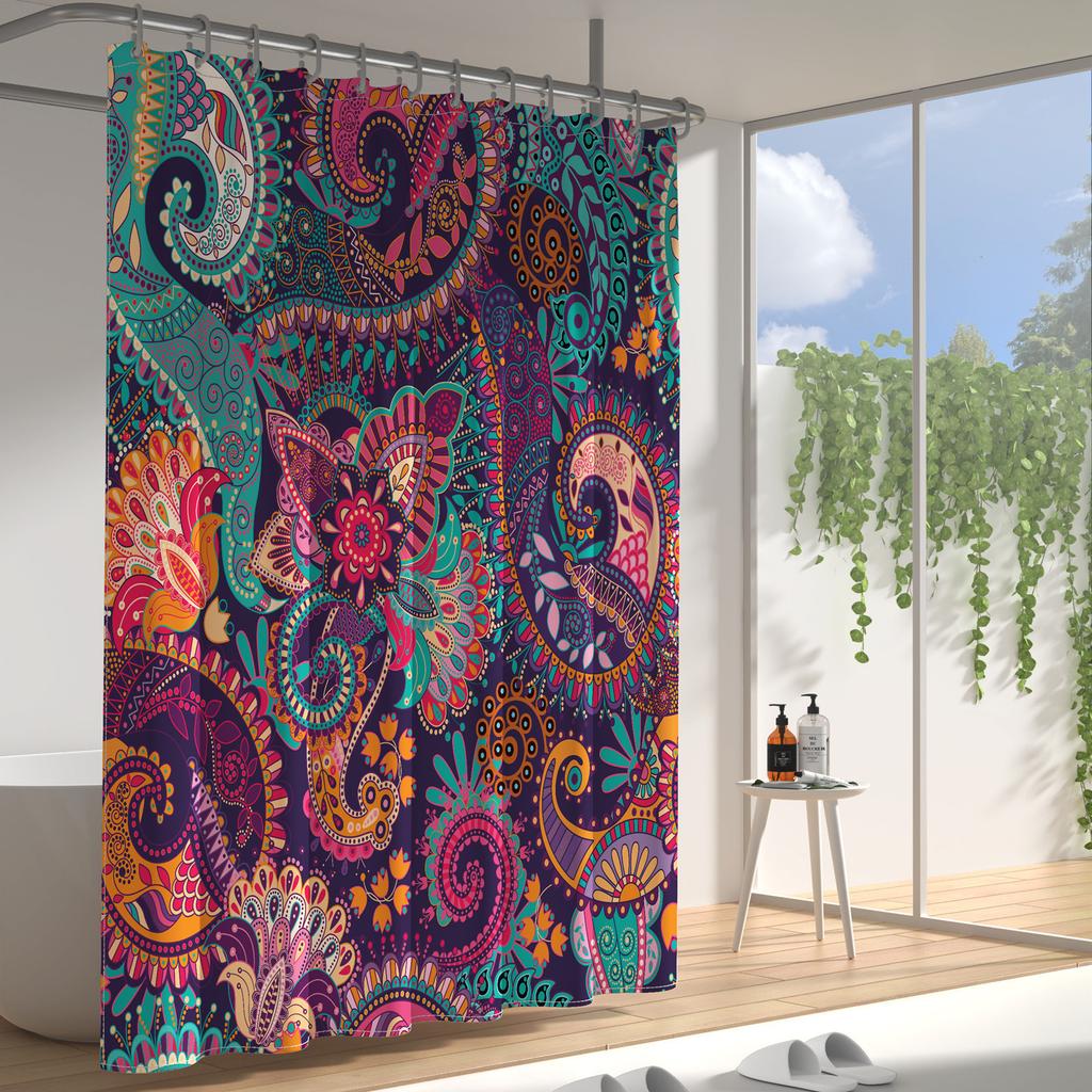 Bohemian Mandala Shower Curtain Set - Woven Polyester Fabric, Waterproof, Includes 12 Hooks, Machine Washable