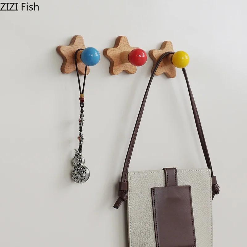 Five-pointed Star Wood Hook Clothing Hat Hooks Wall-mounted Storage Hanging Hooks Wall Storage Holder Decorative Shelves