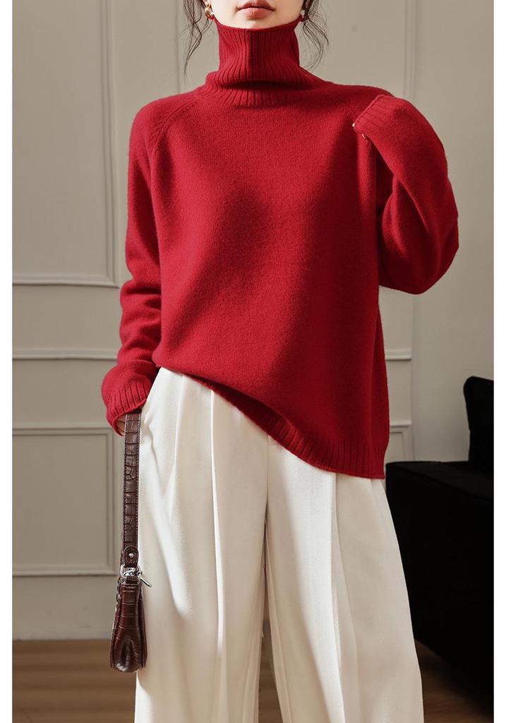 100% Pure Wool Women's High Neck Thick Raglan Sleeve Sweater - Loose Fit Base Layer Knitwear