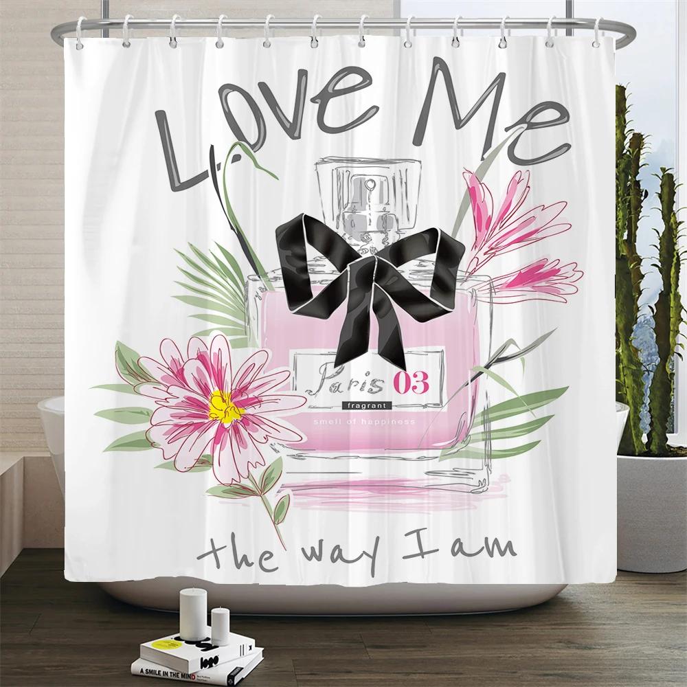 Perfume Bottle Flower Shower Curtain Set Black White Stripes Fashion Girl Woman Bathroom Decor Polyester Bath Curtains Hooks