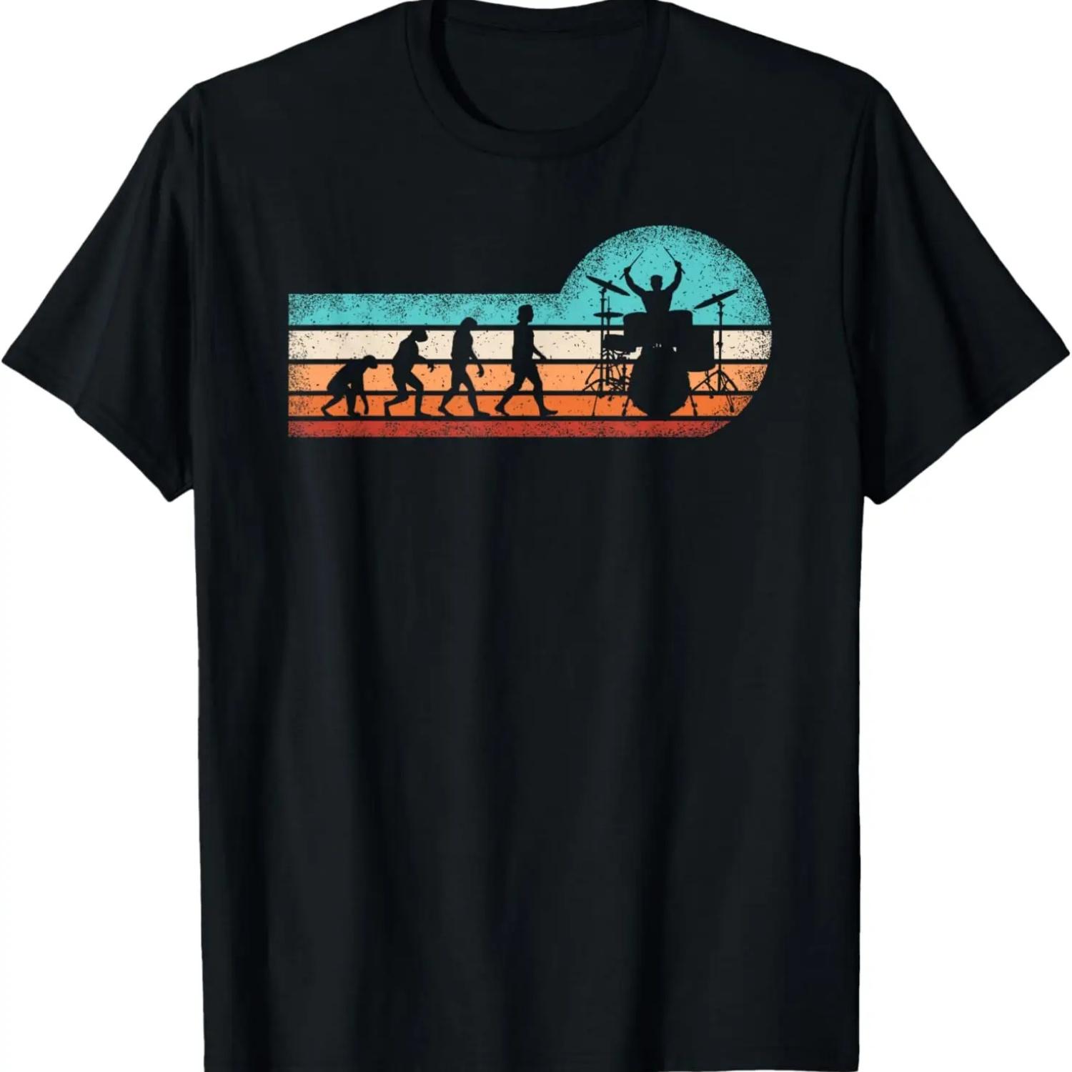 Retro Evolution Of Man Drumming Drum Set Band Funny Drummer T-Shirt S чёрный