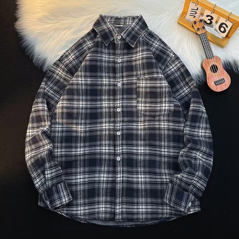 Men's Hong Kong-Style Plaid Velvet-Lined Long-Sleeve Shirt - Trendy Japanese-Inspired Autumn/Winter Jacket
