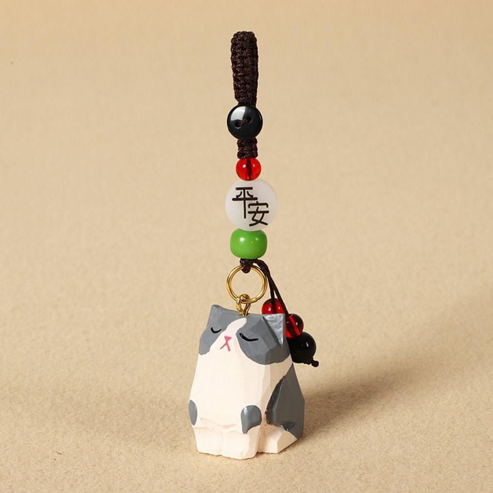 Beads Wood Kitty Dolls Pendant Flower Car Keyring Cute Wooden Carved Cat Keychain Gifts