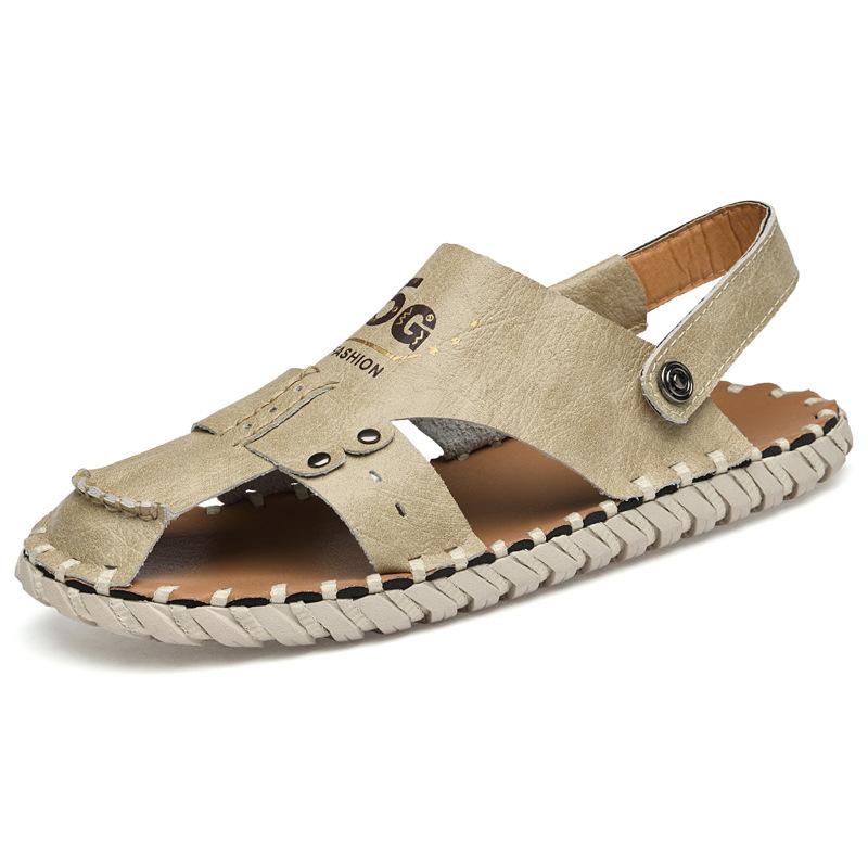 

Сандалии мужские летние новые повседневные кожаные сандалии для отдыха на открытом воздухе верхняя одежда из натуральной кожи с мягкой подошвой закрытый носок тапочки для вождения 46 бежевый