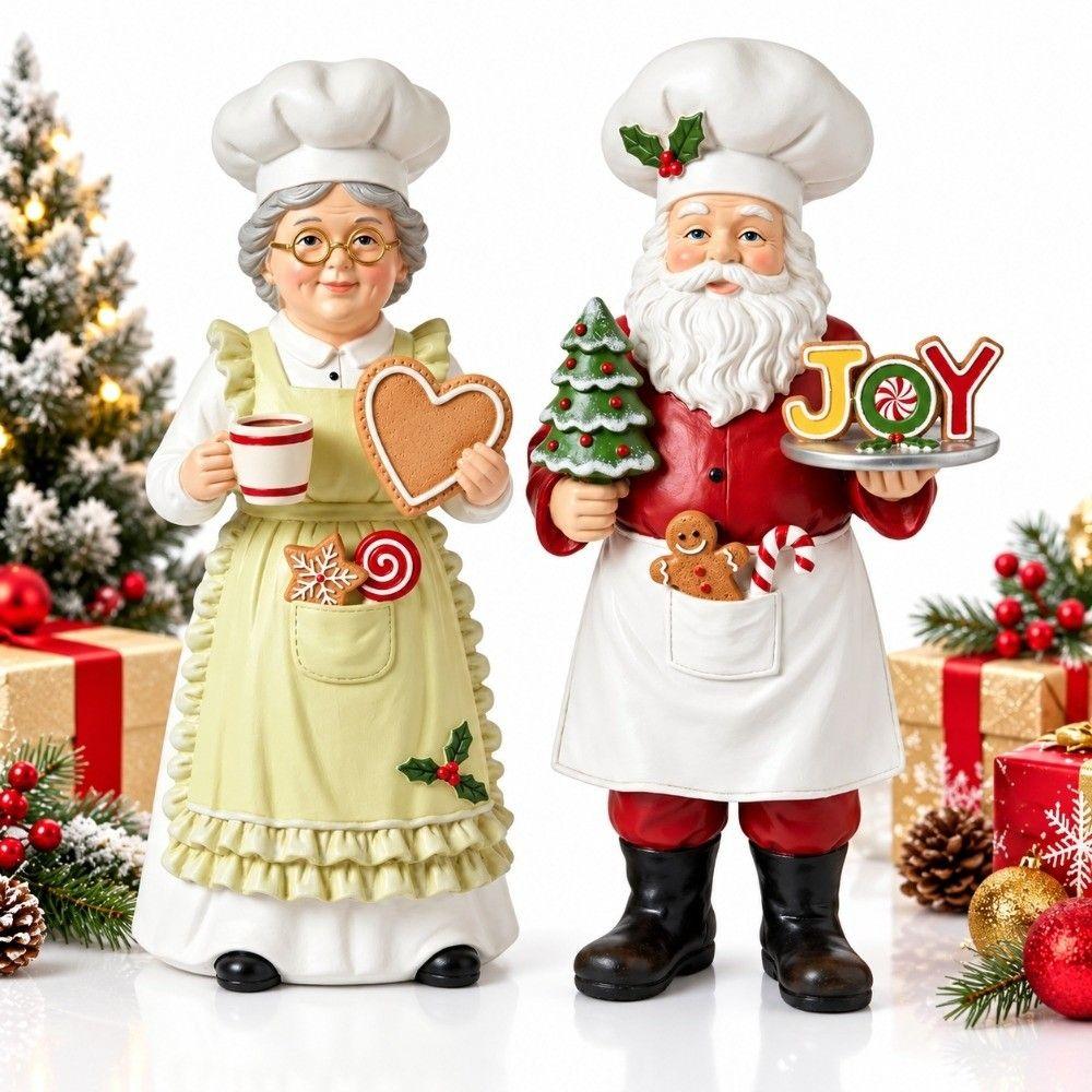 2PCS Apron Mrs. Claus Figurine Chef Hat Chef Statue Chef Santa Figurine Counter Decor