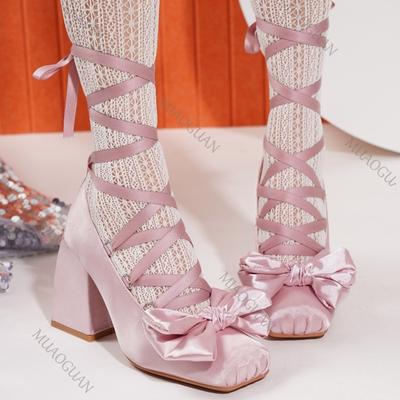 Sweet Cross Strap Ballet Style High Heels Women Spring Autumn Women Shoes Elegant Square Toe Satin Lolita Pumps Single Shoes