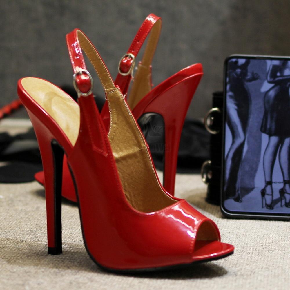 Fashion FHC 14CM High Heels,Patent Leather Women Pumps,Back Hollow Out Men Fetish Shoes.Peep Toe,Ankle Buckle Strap,Red,Customized Color