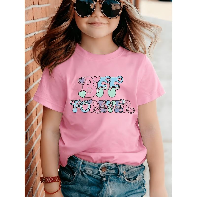 Europäische Größen Niedliches Kurzarm-T-Shirt für Mädchen, BFF Forever Vintage Pastell Herz, Weich und Süß, für Frühling/Sommer, Freundschaftsthema