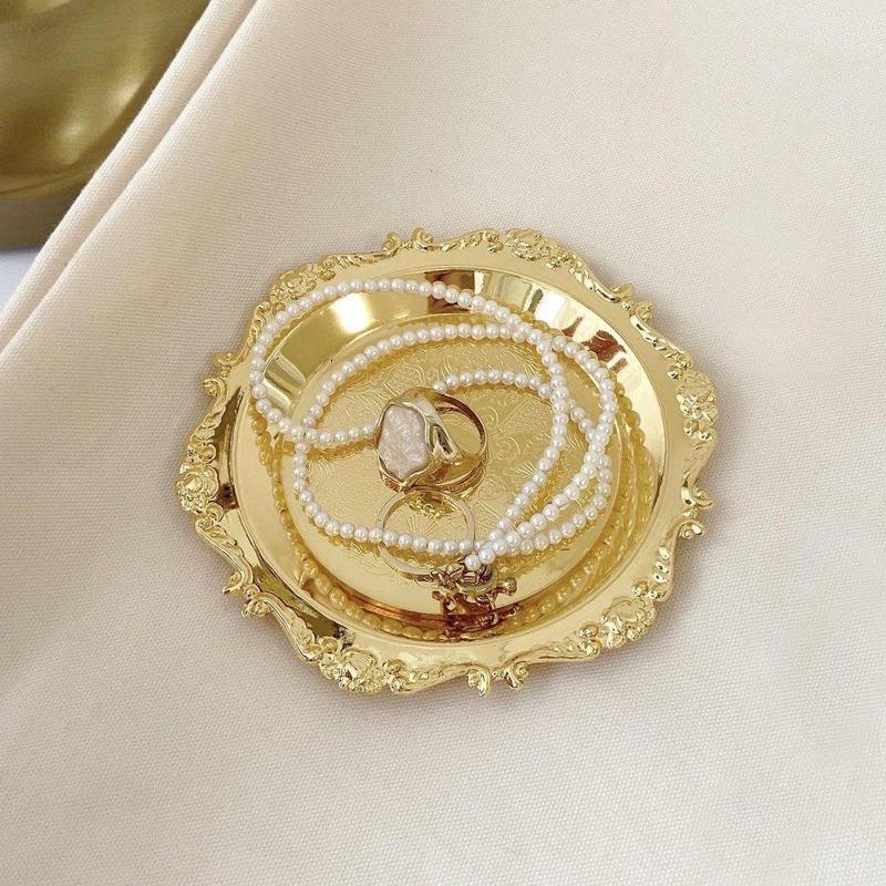 Vintage Carved Iron Jewelry Tray Gold Silver Finish Decorative Organizer Elegant Ring Holder Trinket Dish For Vanity Decor