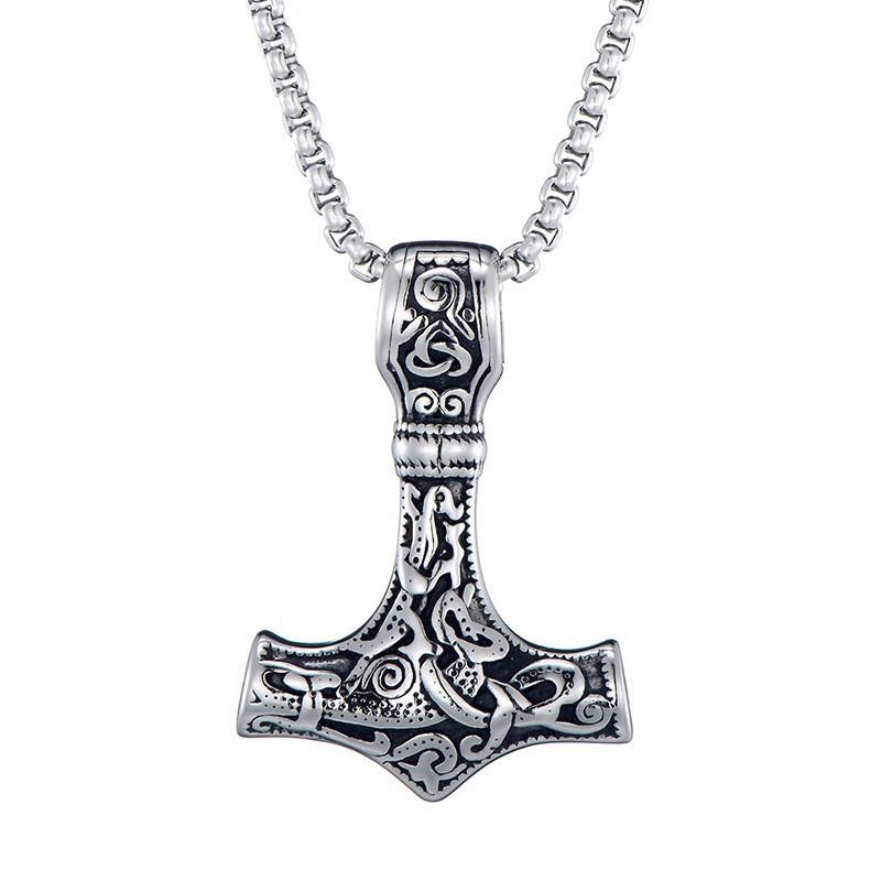 Vikings Thor Hammer Pendant Stainless Steel Mjolnir Necklace Nordic Rune Vegvisir Jewelry Popular Norse Scandinavian