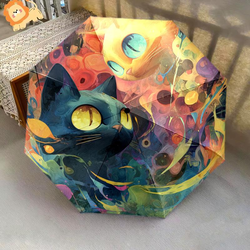 0106 Colorful Cat pattern, automatic folding umbrella, portable and foldable design, 8 ribs, a Christmas or birthday gift.